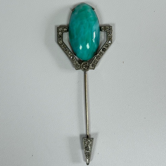 Beautiful Silver Tone Czech Green Peking Glass Art Deco Brooch Pin Paste - Picture 9 of 9